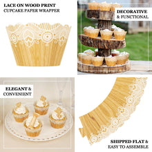 25 Pack | Natural Wood Grain and Lace Print Vintage Cupcake Wrappers