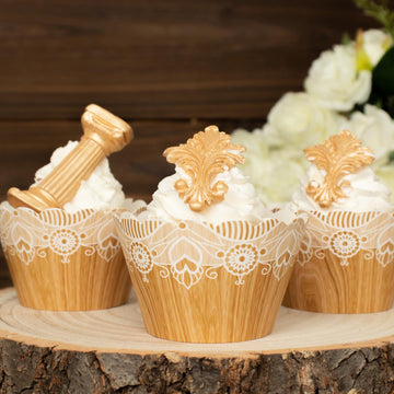 Natural Wood Grain and Lace Print Vintage Cupcake Wrappers