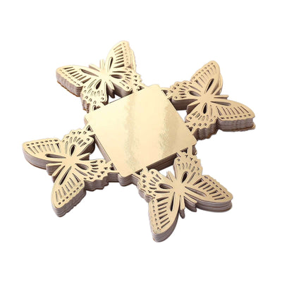 Gold butterfly coasters set on a white background.