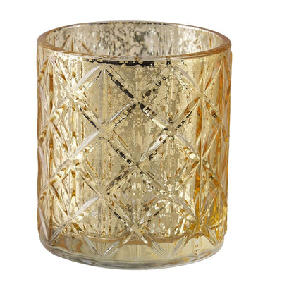 Gold decorative glass candle holder with diamond pattern.
