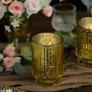 Add a Touch of Glamour to Your Event Decor with the Gold Mercury Glass Votive Hurricane Candle Holder