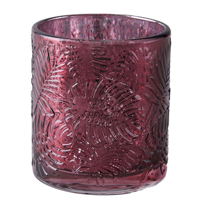 Purple glass candle holder with embossed leaf design