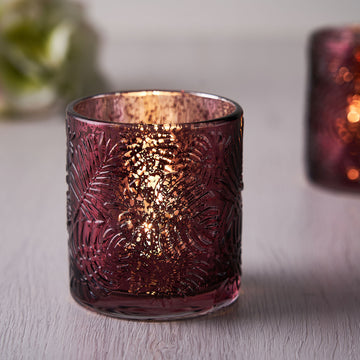 Elegant Burgundy Mercury Glass Palm Leaf Candle Holders