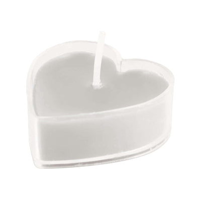 Heart-shaped candle in a clear holder on a white background.