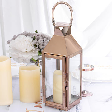 Rose Gold Crown Top Stainless Steel Candle Lantern Centerpiece