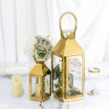 Add a Touch of Glamour with the Gold Crown Top Stainless Steel Candle Lantern