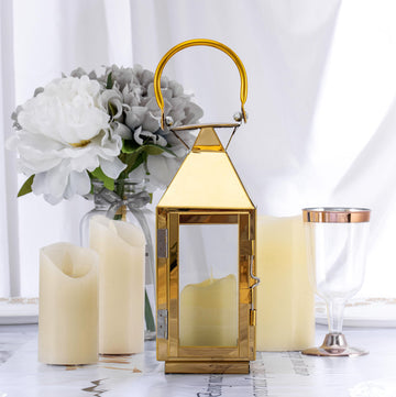 Gold Crown Top Stainless Steel Candle Lantern Centerpiece