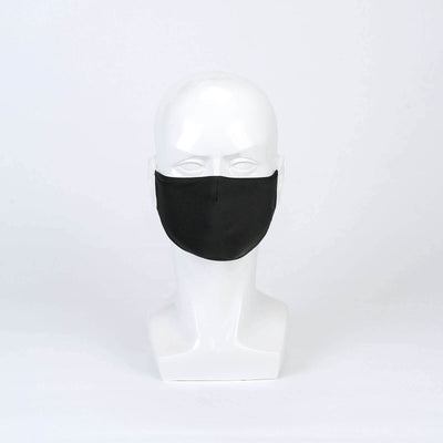 Black face mask displayed on a white mannequin head.