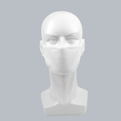 White face mask displayed on a mannequin head against a light gray background.