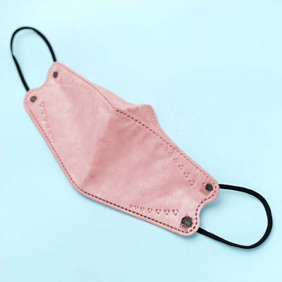 Pink leather face mask with decorative stitching and black ear loops.