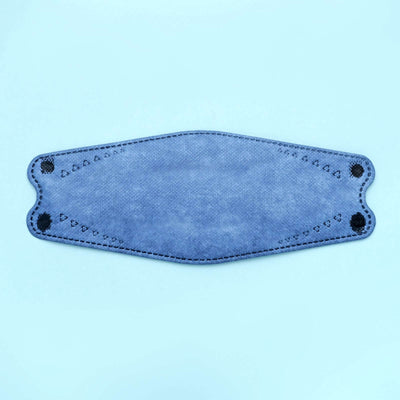 Blue face mask with heart-patterned stitching on a plain background.