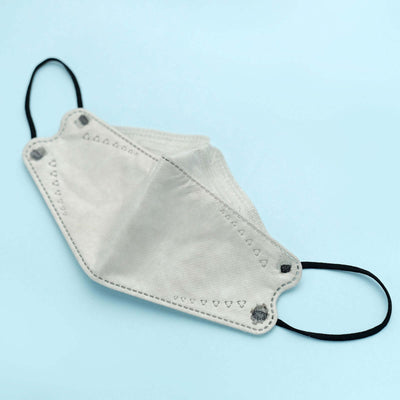 Gray face mask with black ear straps on a light blue background.