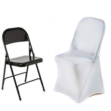 A white spandex fitted chair cover on a black folding chair