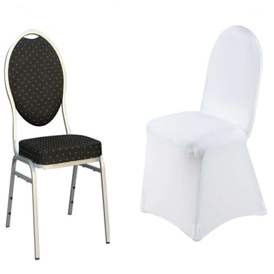 Two elegant chairs: one with a black dotted cushion and one with a white cover.