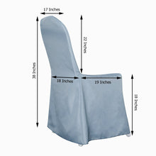 Polyester dusty blue banquet chair cover with measurements including 17 inches and 18 inches