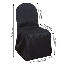 A black polyester banquet chair cover with measurements of 38 inches, 19 inches, and 18 inches