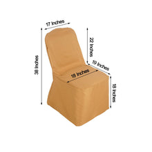 Banquet polyester chair cover in gold color, with measurements 17 inches wide, 18 inches deep, 19 inches long, and 38 inches tall