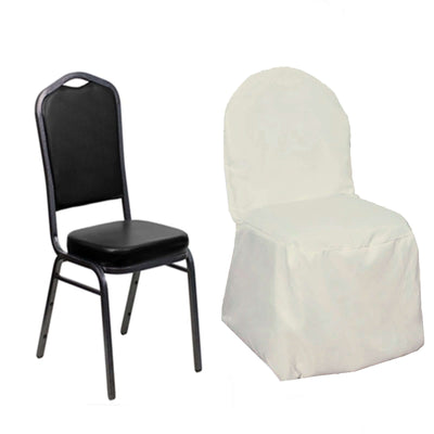 Black metal chair and white chair cover on a plain backdrop.