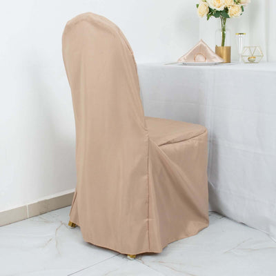 Elegant beige chair cover for events and celebrations.