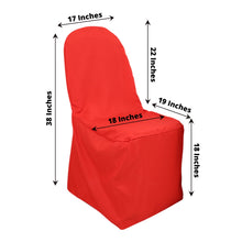 A red polyester banquet chair cover measuring 17 inches by 18 inches by 19 inches and 38 inches