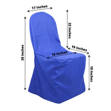 A blue polyester banquet chair cover with measurements including 17 inches and 18 inches