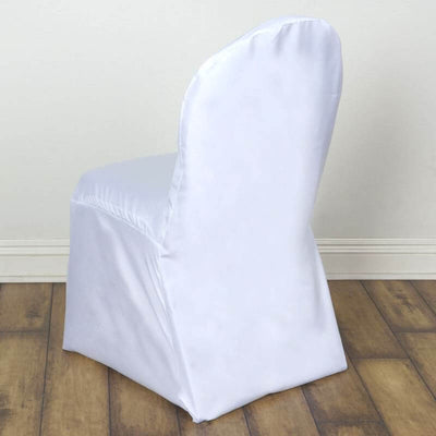 White chair cover draped over a chair, showcasing sleek fabric design.