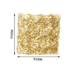 A champagne satin rosette pillow with measurements of 14 inches and 16 inches, designed for chiavari chair slip covers