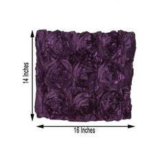 A purple satin rosette pillow with measurements of 14 inches and 16 inches, designed for chiavari chair slip covers
