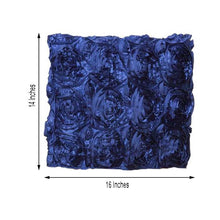 a navy blue satin rosette pillow with measurements of 14 inches and 16 inches designed for chiavari chair slip covers