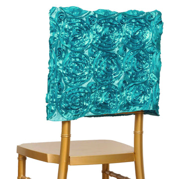 Turquoise Satin Rosette Chair Caps: The Perfect Event Decor