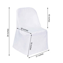 A white folding polyester chair cover with measurements of 16 inches, 18 inches, and 21 inches
