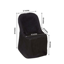 A folding polyester black chair cover with measurements on it