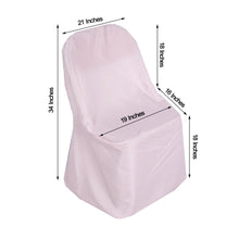 A folding polyester blush chair cover with measurements on it