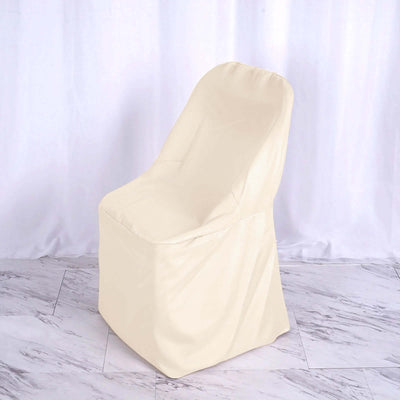 Cream chair cover on a plain backdrop for event decor.