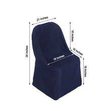 A folding polyester blue chair cover with measurements of 19 inches and 18 inches