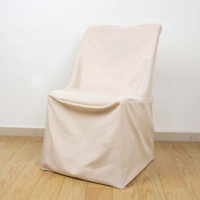 Beige fabric chair cover on a plain white backdrop