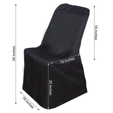 A folding polyester black chair cover with measurements of 38 inches and 19 inches