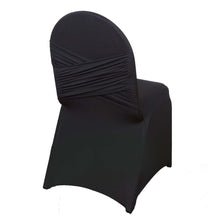 Banquet spandex fitted chair cover made of Poly | Cotton | Spandex Mix in Black color, featuring a crisscross strap on the back#whtbkgd