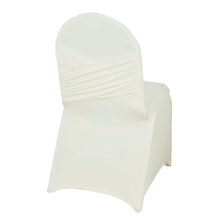 A fitted ivory spandex chair cover on a white banquet chair#whtbkgd
