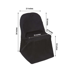 A black folding polyester & satin chair cover with measurements on it