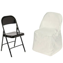 A black folding polyester & satin chair cover