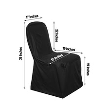 A black banquet polyester & satin chair cover with measurements including 17 inches and 19 inches