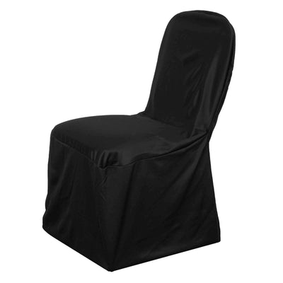 Black chair cover draped over a standard chair for elegant styling.