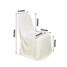 A banquet polyester & cotton blend ivory chair cover with measurements including 17 inches and 19 inches