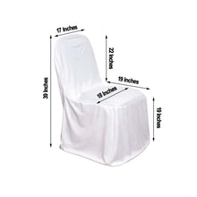 A white banquet polyester & satin chair cover with measurements including 17 inches, 22 inches, 19 inches, and 39 inches