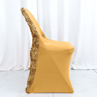 Yellow chair cover with textured ruffle detail, side view.