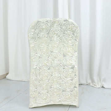 Luxury and Versatility with the Ivory Satin Rosette Spandex Chair Cover