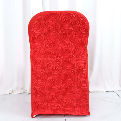 Red floral-patterned chair cover for events and decorations.