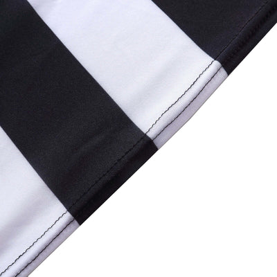 Black and white striped fabric detail showing stitching and texture.