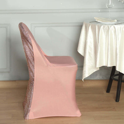 Elegant pink chair cover with sparkly detail, perfect for events or dining.